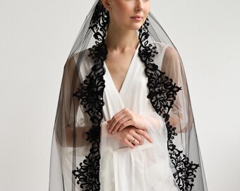 Black Lace Mantilla Veil, Spanish Wedding Veil, Black Chapel Veil for Bride