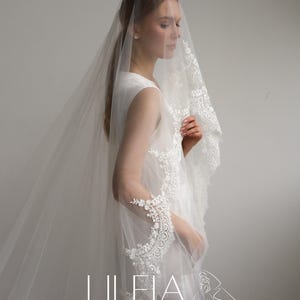 Cathedral Wedding Veil with Lace Trim, Long Bridal Veil, Ivory Tulle Veil