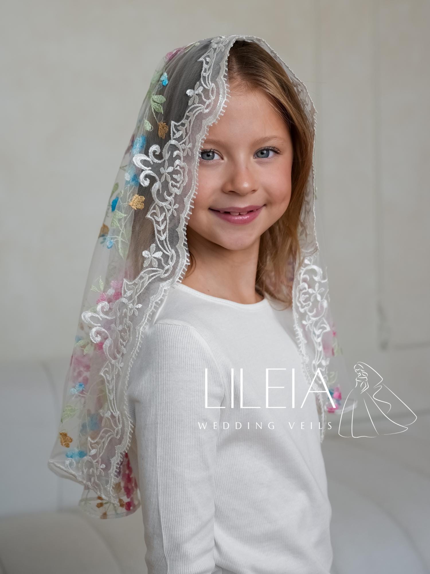 Bridal / Communion Veil Organza with Lace Flower Appliqué White Dainty lace appliqué for a beautiful cathedral length veil  main image 2