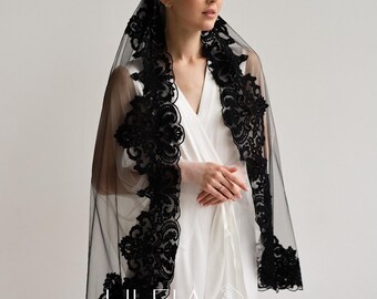 Black Lace Mantilla Veil, Spanish Style Chapel Veil, Catholic Church Veil, Soft Tulle Black Veil