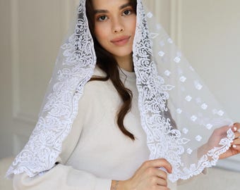 Voile mantille en dentelle blanche, couvre-chef de chapelle, voile d'église catholique, voile de messe de mariage, voile de chapelle en dentelle traditionnelle