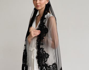 Two layer black Veil, Soft Tulle Black Veil, Black Lace Mantilla Veil, Spanish Style Chapel Veil