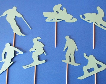 Winter Sports Cupcake Toppers, Snowmobile Ski Snowboard Party Picks