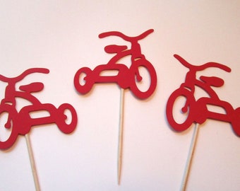 Tricycle Cupcake Topper, Trike Third Birthday Party Decor, Little Red Trike Food Pick, Bicycle Die Cut Party Decor, Set of 12, Color Options