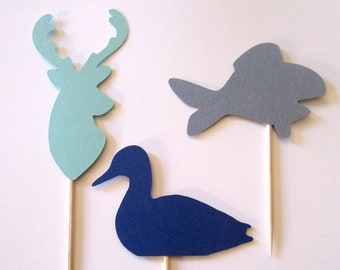 Hunting Fishing Cupcake Topper Die Cuts, Deer, Duck, Fish, Birthday or Retirement Party, Snack & Food Pick