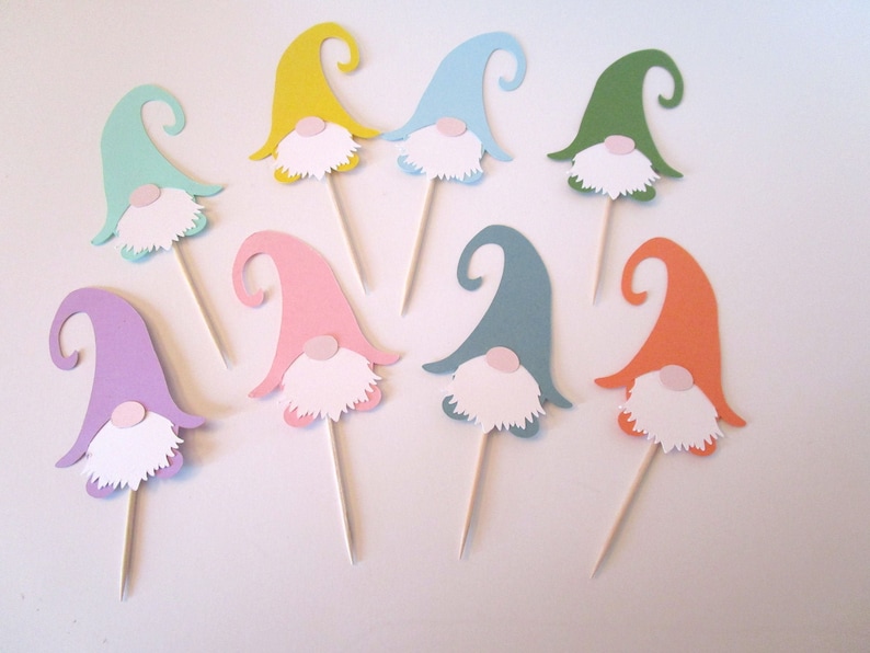 Gnome Cupcake Topper, Woodland Elf Die Cut Food Pick, Set of 12, Color Options, image 1