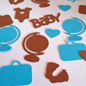Travel Theme Baby Shower Confetti: Globe, Suitcase, Baby Feet