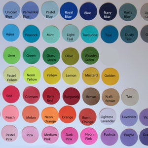 Color chart showing circles of cardstock colors in a rainbow of colors in lines by color family