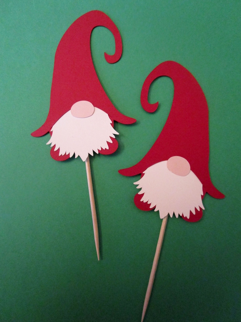 Gnome Cupcake Topper, Woodland Elf Die Cut Food Pick, Set of 12, Color Options, Barn Red (shown)