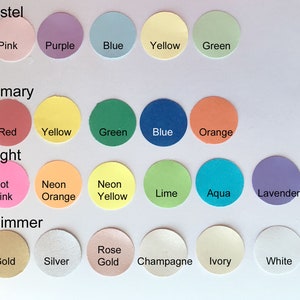 Color Chart showing cardstock colors available in Pastel, Primary, Bright and Shimmer shades.