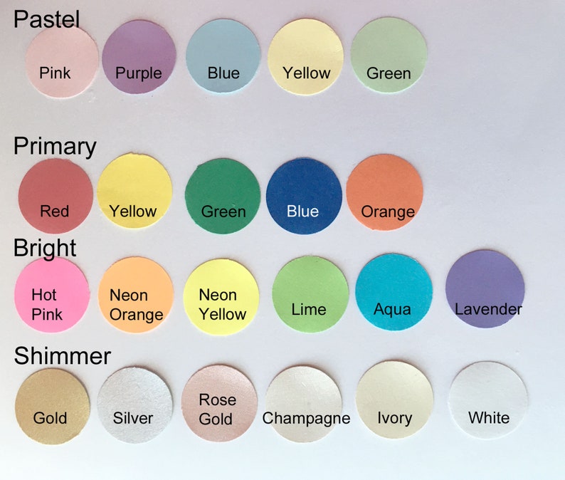 Color Chart showing cardstock colors available in Pastel, Primary, Bright and Shimmer shades.