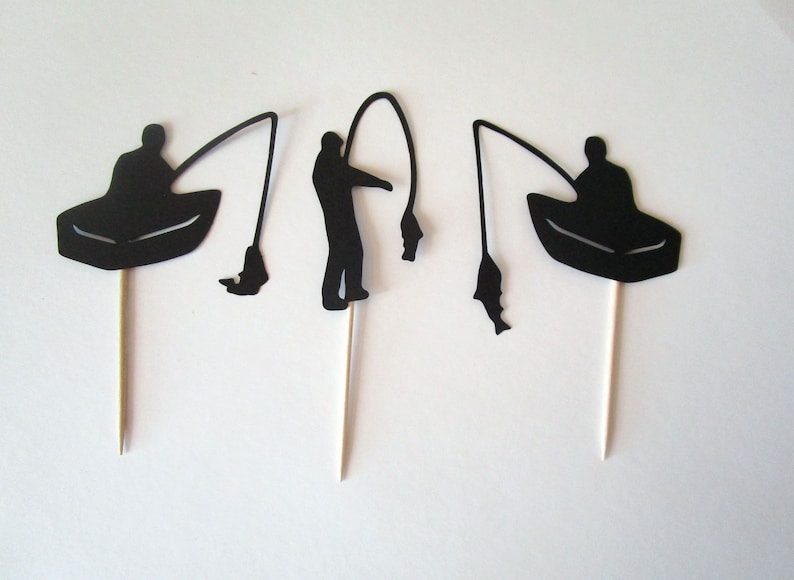 Fisherman Cupcake Topper, Fish Birthday Decor, Retirement Party Picks, Fishing Rod, Boat, Vacation Die Cuts, Sets of 12 image 2