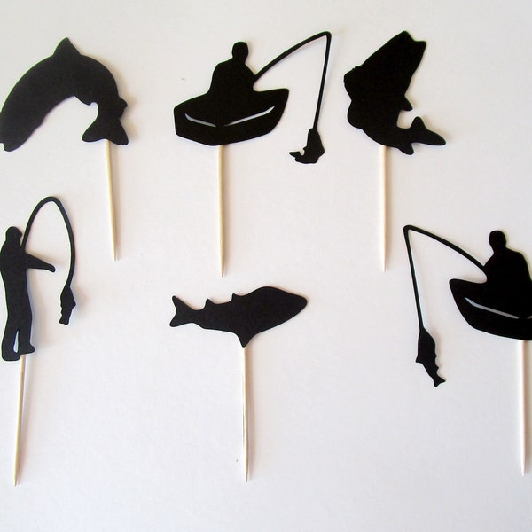 Fisherman Cupcake Topper, Fish Birthday Decor, Retirement Party Picks, Fishing Rod, Boat, Vacation Die Cuts, Sets of 12