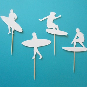 Surfer Cupcake Topper, Surfing, Surfboard Food Pick Die Cuts, Birthday Surf Party Decor, Extreme Sports, Sets of 12