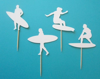 Surfer Cupcake Topper, Surfing, Surfboard Food Pick Die Cuts, Birthday Surf Party Decor, Extreme Sports, Sets of 12