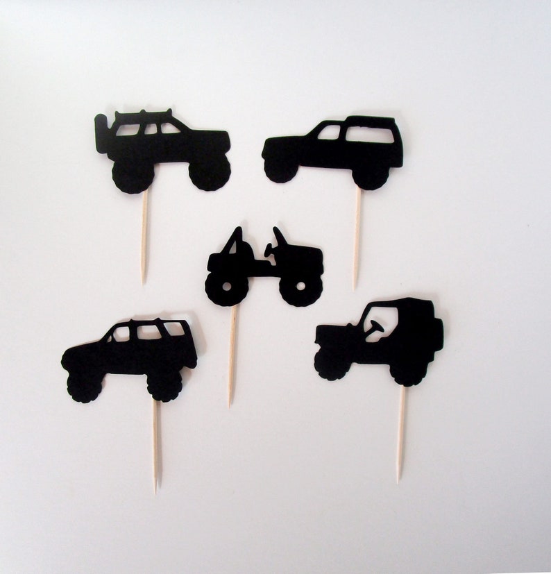 Off-Road Trucks Cupcake Topper, 4-Wheeler, Die Cuts, Birthday Decor, Mudding Party Pick, Extreme Sports, Sets of 12, with Confetti Option image 1