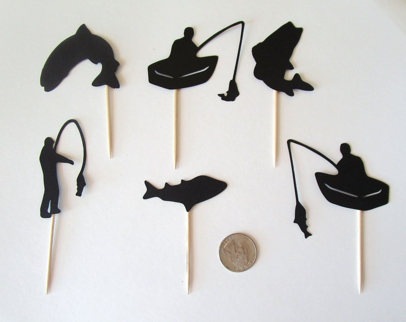 Fisherman Cupcake Topper, Fish Birthday Decor, Retirement Party Picks, Fishing Rod, Boat, Vacation Die Cuts, Sets of 12 image 4