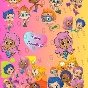 May include: A digital download graphic featuring cartoon characters with various hair colors and skin tones. The characters are depicted as merpeople with colorful tails. The image includes the text "Instant Download" within a heart shape.