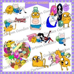 May include: A selection of Adventure Time cartoon character graphics. The images feature Finn, Jake, Princess Bubblegum, and other characters. The phrase "CARTOON GOODIES" is at the top. The Adventure Time logo is also present.
