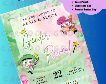 Fairly Oddparents Gender Reveal Invitation Wrapper Bundle. Water bottles, chip bag & more (Digital Download)