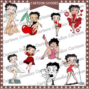 以下が含まれることがあります： さまざまなポーズと衣装のベティ・ブープの漫画イラストのコレクション。画像には、さくらんぼを持ったベティ・ブープ、赤いドレスを着たベティ・ブープ、マイクを持ったベティ・ブープが含まれています。「CARTOON GOODIES」というテキストが上部にあります。