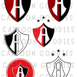 Könnte beinhalten: Eine Sammlung von schildförmigen Logos in Rot, Schwarz und Weiß, die den Buchstaben "A" zeigen. Einige Designs enthalten Sterne. Der Text "CARTOON GOODIES" wiederholt sich um die Logos.