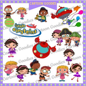 May include: A digital illustration featuring characters and vehicles from the children's show, Little Einsteins. The image includes cartoon figures, a red and blue rocket ship, and the text "Cartoon Goodies" and "Instant Download".