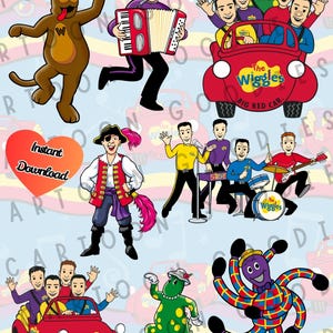 May include: A digital illustration featuring characters from The Wiggles. The image includes a brown dog, a man playing an accordion, a red car with the text "The Wiggles Big Red Car", and other characters. A heart-shaped graphic says "Instant Download".