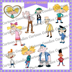 以下が含まれることがあります： ハート型の画像を含む、漫画のキャラクターイラストのコレクション。キャラクターは外見が多様で、さまざまな髪型、服装、表情をしています。「CARTOON GOODIES」というテキストが上部に表示されています。