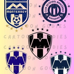 May include: A collection of Monterrey soccer team logos in blue, black, and white. The logos feature the team name, a soccer ball, and the text "CLUB DE FUTBOL". Some logos are shield-shaped, while others are circular or teardrop-shaped, with star accents.