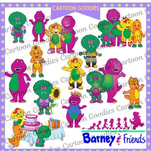 Paquete de archivos digitales de dibujos animados de Barney y sus amigos (PNG, JPG, PDF, DOC). Descarga instantánea. Clipart de cumpleaños.