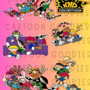 以下が含まれることがあります： アニメ「Kids Next Door」（KND）のキャラクターが登場する漫画の画像。キャラクターはアクションポーズで、一部は武器を持っています。「Cartoon Goodies」とともにKNDのロゴが表示されています。背景はピンクから黄色へのグラデーションです。