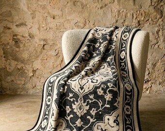 Handmade Vintage Persian Rug, Black Cream Floral Oriental Carpet, Traditional Living Room