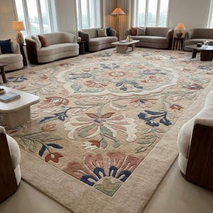 Alfombra floral de lana tejida a mano / Beige pastel, tamaño personalizado