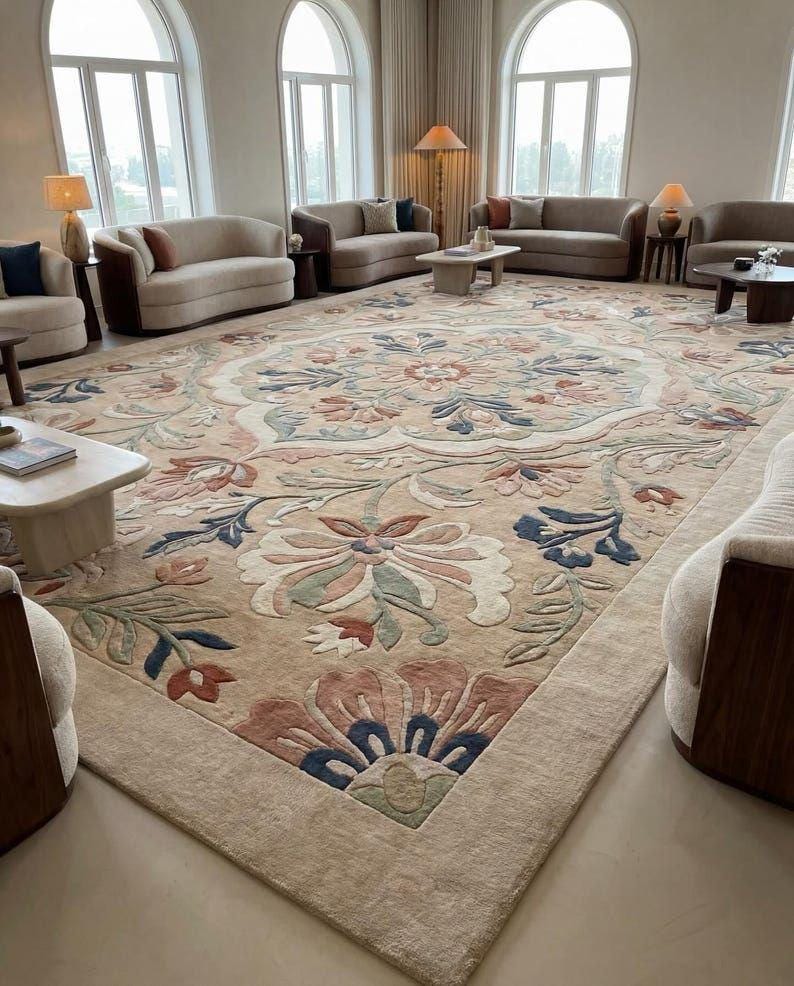 Hand Tufted Wool Floral Rug | Beige Pastel, Custom Size - Etsy Australia