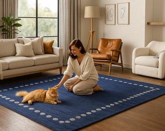 Alfombra tejida a mano de lana azul / Alfombra moderna con borde de lunares