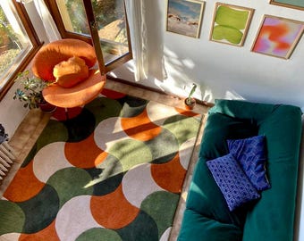 Hand-Tufted Retro Wave Rug – Green & Orange Geometric Wool Carpet