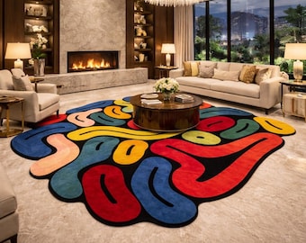 Alfombra abstracta de lana tejida a mano: moderna alfombra multicolor
