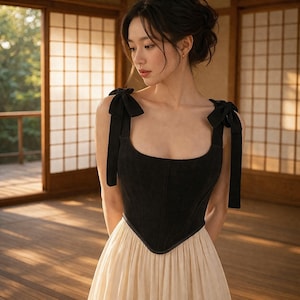 May include: A black corset top with bow shoulder straps paired with a cream-colored skirt. The top has a square neckline and a fitted silhouette. The skirt is a flowing, light fabric. The outfit is elegant and suitable for special occasions.
