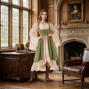 long sleeve pirate dress QATAINLAV Dress for Women Off Shoulder Long Sleeve Lace Up Corset Pirate  Dresses Irregular Hem Renaissance Dress Halloween Costume, Green, M