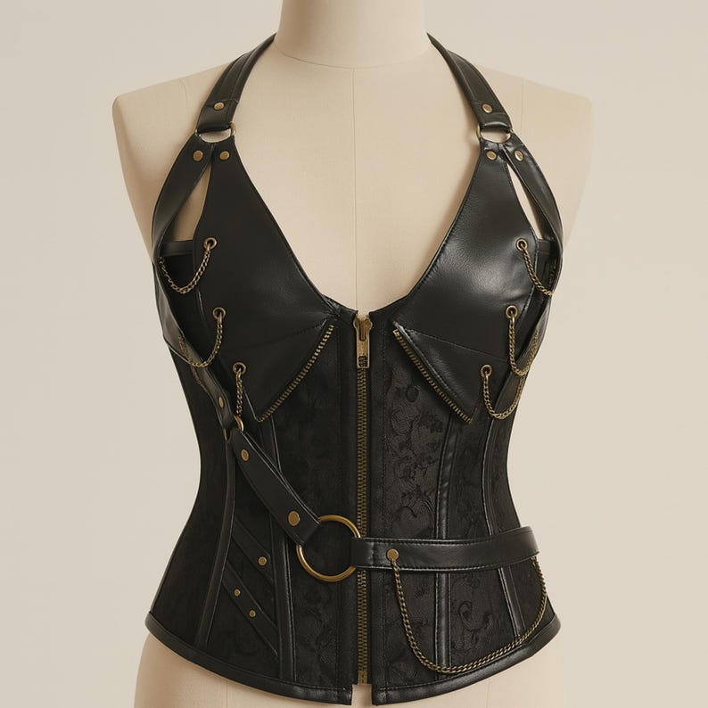 K&ouml;nnte beinhalten: Schwarzes Haltertop-Korsett mit Rei&szlig;verschluss vorne und dekorativen Ketten. Das Korsett hat ein lederartiges Material am Halter und am oberen Brustbereich, mit einem Stoff mit floralem Muster am Oberteil. Ein G&uuml;rtel mit gro&szlig;em Ringdetail akzentuiert die Taille.