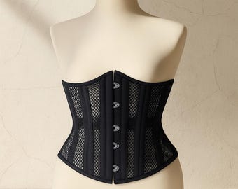 Black Steel Boned Underbust Corset | Heavy Duty Waist Trainer | Mesh Gothic Waist Cincher | Slimming Body Shaper | Plus Size Corset