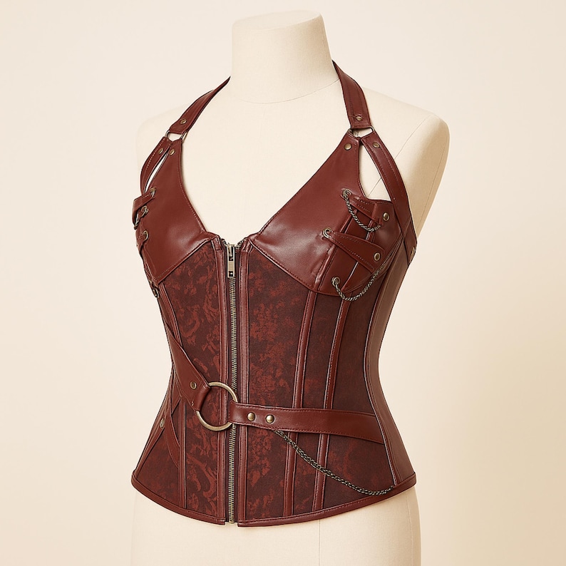 K&ouml;nnte beinhalten: Ein burgunderfarbenes Halter-Top-Korsett mit dekorativem floralem Muster. Das Korsett hat einen Rei&szlig;verschluss vorne, einen Metallring und Kettenakzente. Das Oberteil wird auf einer Schaufensterpuppe pr&auml;sentiert.