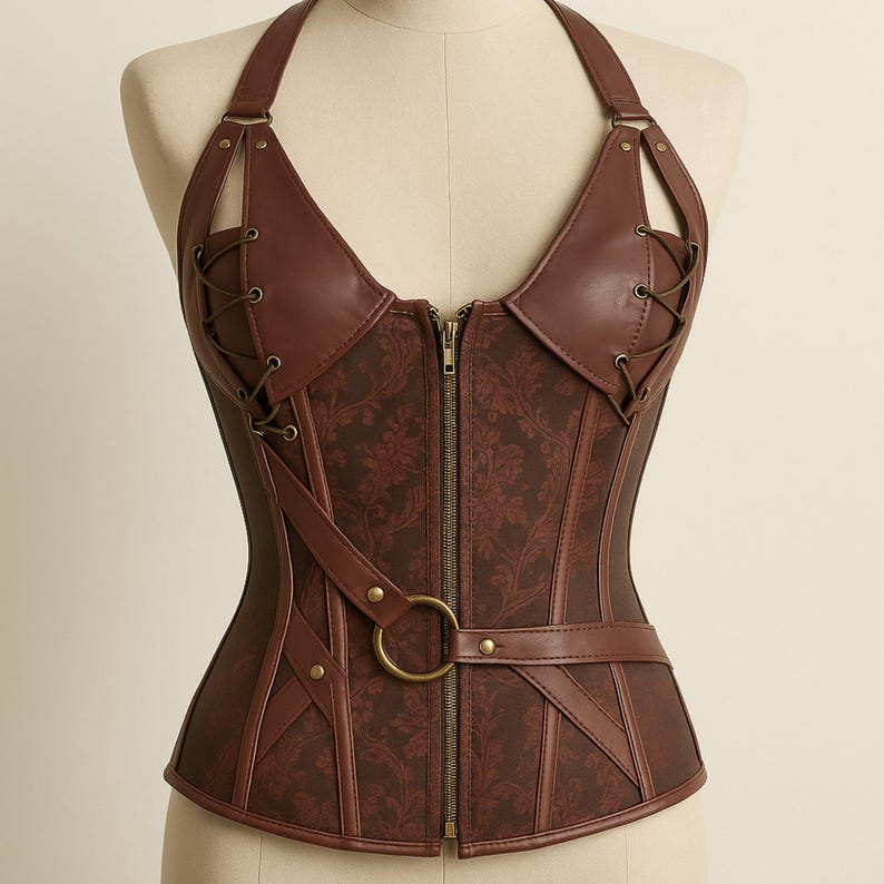 K&ouml;nnte beinhalten: Ein braunes Korsett mit Neckholder-Design. Das Korsett hat ein Blumenmuster auf der Vorderseite, einen Rei&szlig;verschluss und dekorative Riemen mit einem Metallring. Das Kleidungsst&uuml;ck wird auf einer Schaufensterpuppe pr&auml;sentiert.