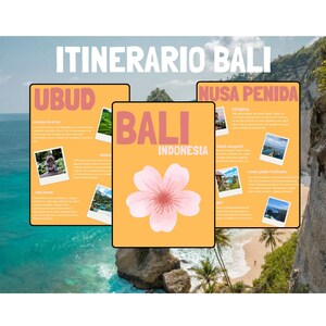 May include: A travel itinerary for Bali, Indonesia, featuring three panels with the text "Ubud", "Bali", and "Nusa Penida". Each panel has photos and text. The central panel has a pink flower graphic. The background shows a beach and ocean.