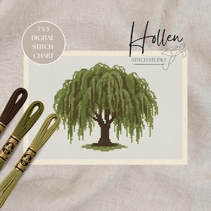 May include: A cross stitch pattern of a weeping willow tree with green foliage and a brown trunk on a light grid background. The text reads 7X5 DIGITAL STITCH CHART and Hollen STITCH STUDIO. Three skeins of embroidery floss in brown and green are included.