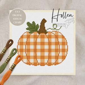 May include: A digital cross stitch chart featuring a pumpkin with an orange and white gingham pattern, a brown stem, and a green leaf. The text reads 5X5 DIGITAL STITCH CHART and Hollen STITCH STUDIO. Three skeins of embroidery floss in brown, green, and orange are included.