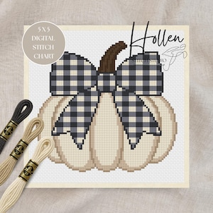 May include: A digital cross stitch chart featuring a white pumpkin with a brown stem and a large black and white buffalo check bow. The image includes text that reads 5X5 DIGITAL STITCH CHART and Hollen Stitch Studio, alongside three skeins of embroidery floss.