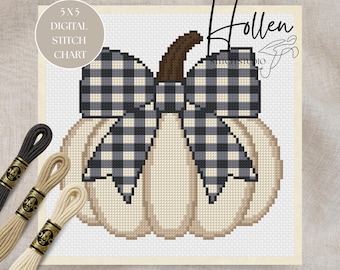May include: A digital cross stitch chart featuring a white pumpkin with a brown stem and a large black and white buffalo check bow. The image includes text that reads 5X5 DIGITAL STITCH CHART and Hollen Stitch Studio, alongside three skeins of embroidery floss.