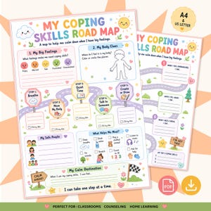 Könnte beinhalten: Ein druckbares Arbeitsblatt My Coping Skills Road Map mit einem gewundenen Pfad und fünf Stationen: Breathe, Move My Body, Quiet Time, Talk to Someone und Create or Draw. Das Dokument enthält Abschnitte zur Identifizierung von Gefühlen und Aktivitäten.